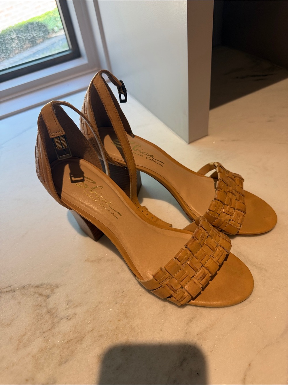 Sbicca Tan Woven Ankle Strap Block Heels